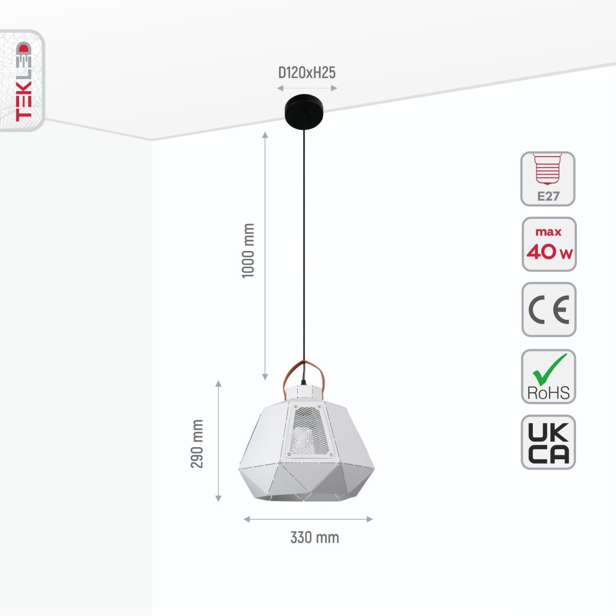 Size and specs of Esagono Midi Lantern White Pendant Light with E27 Fitting | TEKLED 159-17484