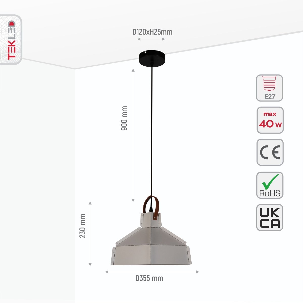 Size and specs of Esagono Midi White Metal Pendant Light with E27 Fitting | TEKLED 159-17360