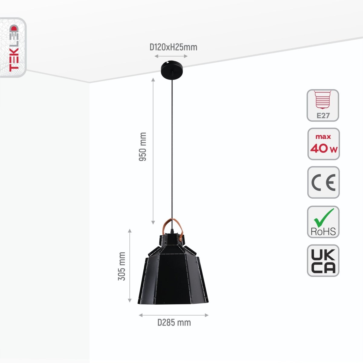 Size and specs of Esagono Mini Black Metal Pendant Light with E27 Fitting | TEKLED 159-17364