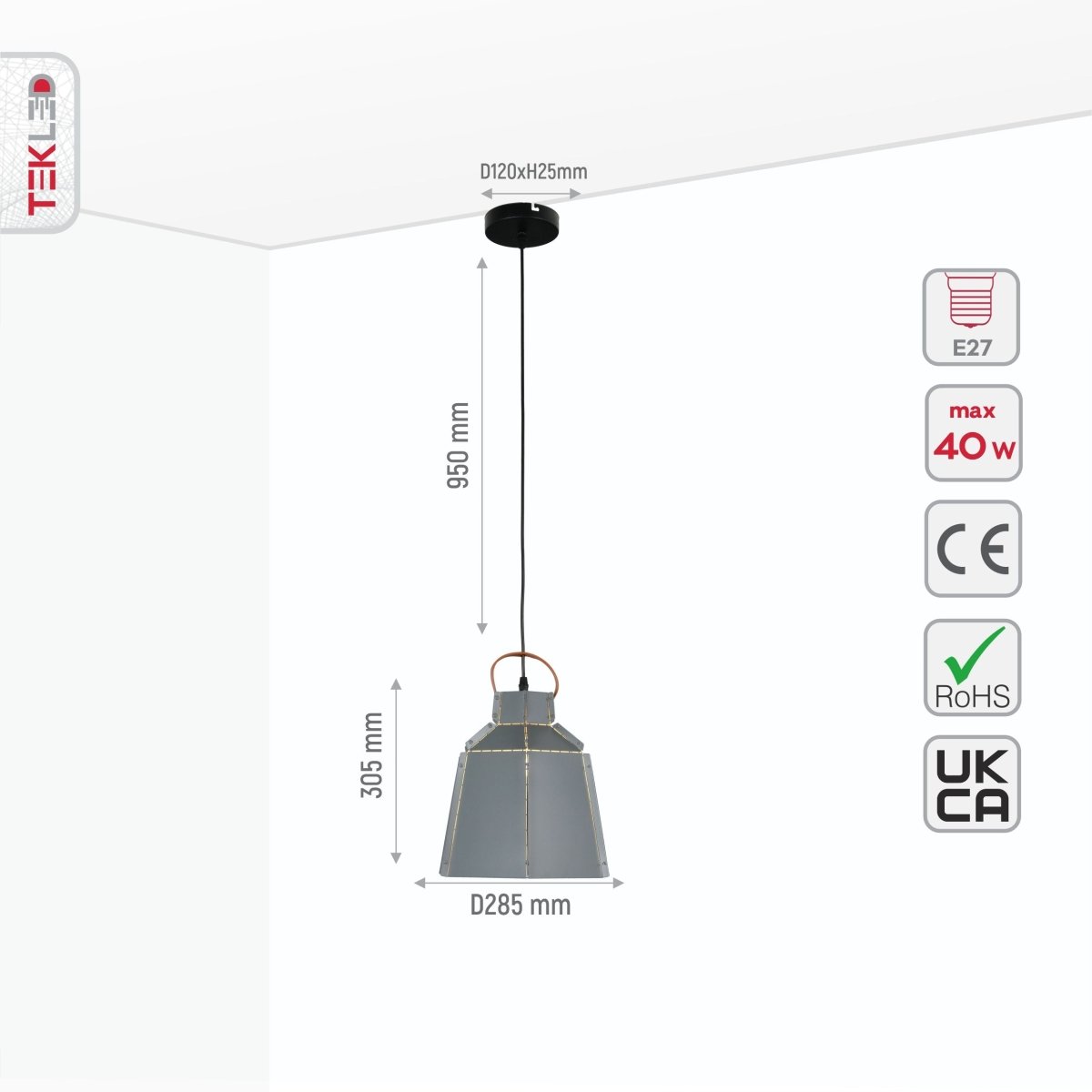 Size and specs of Esagono Mini Grey Metal Pendant Light with E27 Fitting | TEKLED 159-17368