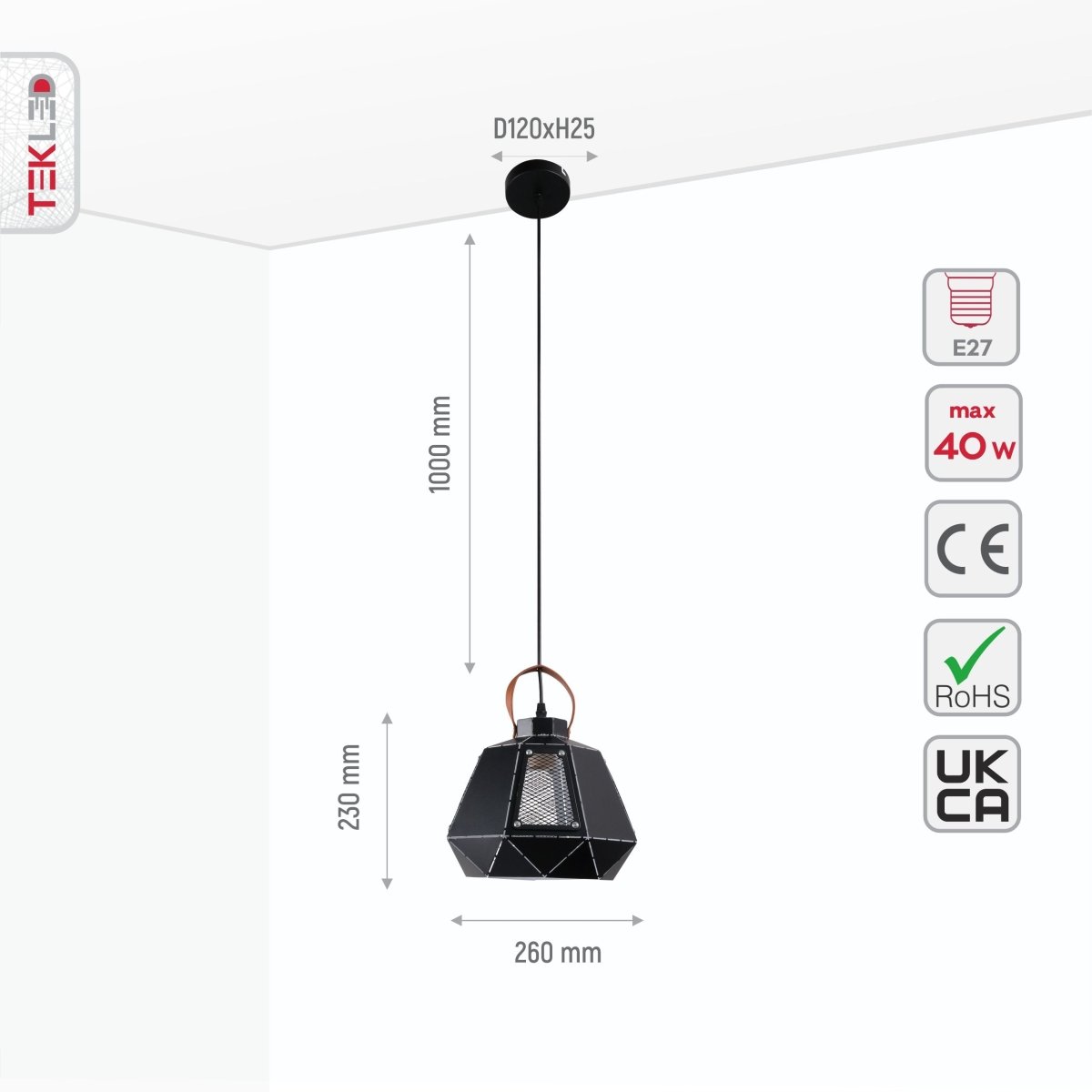 Size and specs of Esagono Mini Lantern Black Pendant Light with E27 Fitting | TEKLED 159-17486