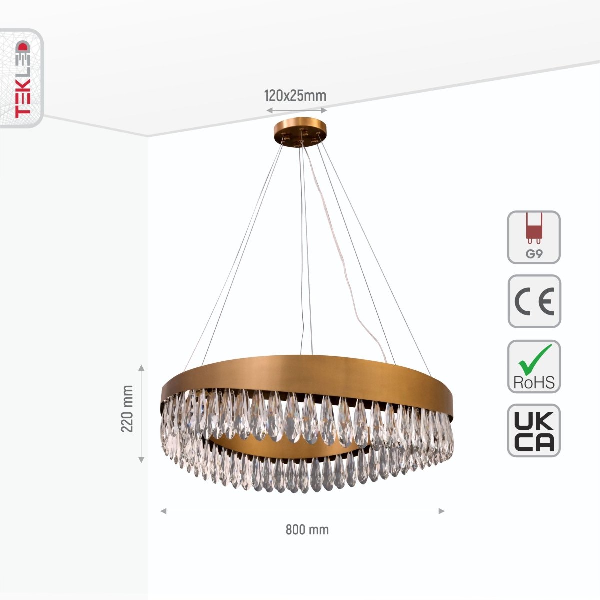 Size and specs of Faceted Long Pear Crystal Gold Metal Chandelier D800 with 12xG9 Fitting | TEKLED 156-19570