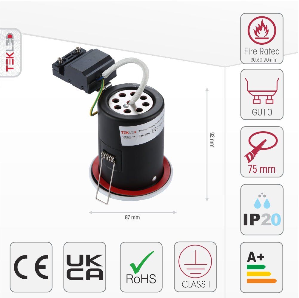 Size and specs of Fixed Diecast Aluminium Fire Rated Downlight White IP20 GU10 | TEKLED 143-03700