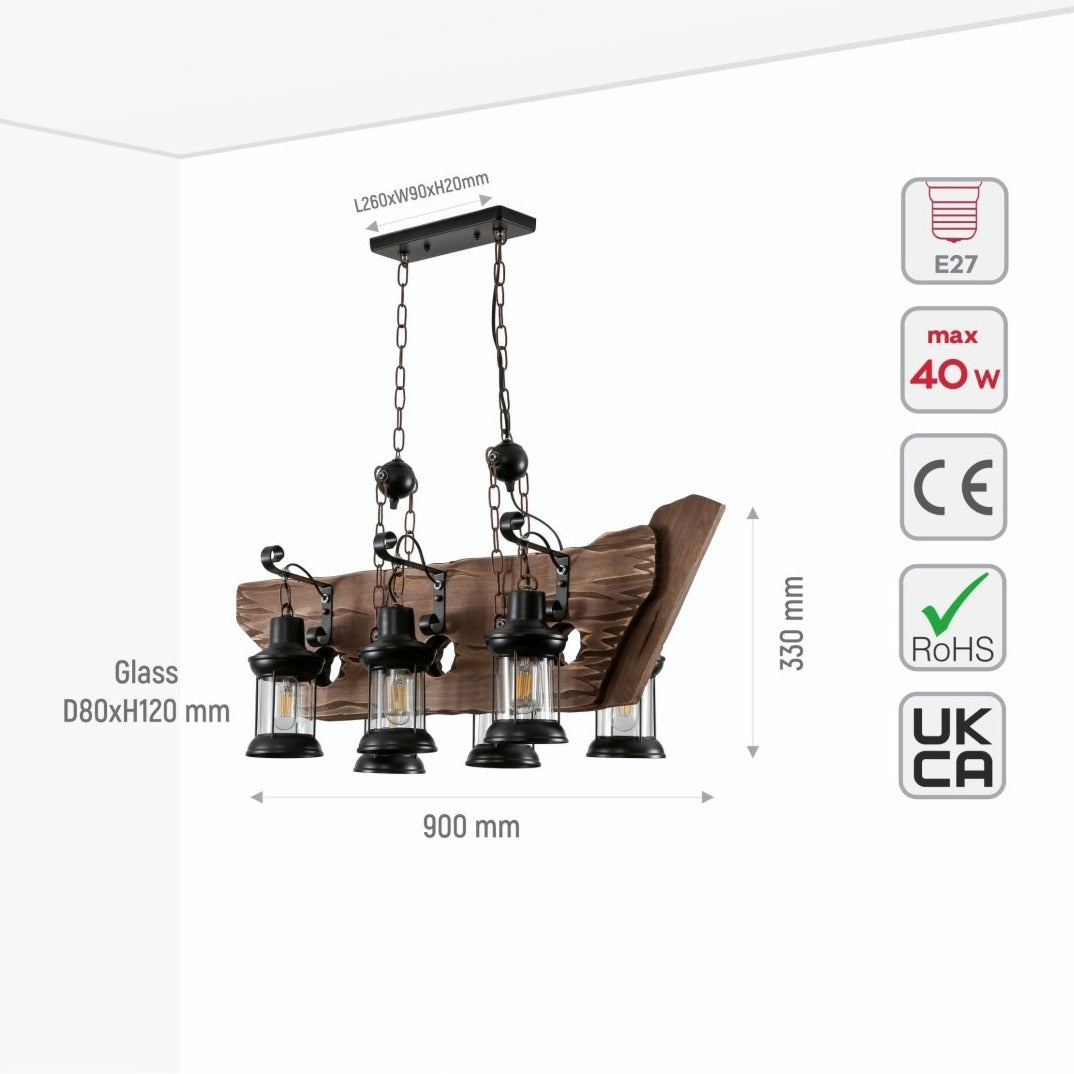 Size and specs of Galley Iron and Wood Glass Cylinder Shade Island Chandelier Light 6xE27 | TEKLED 159-17842