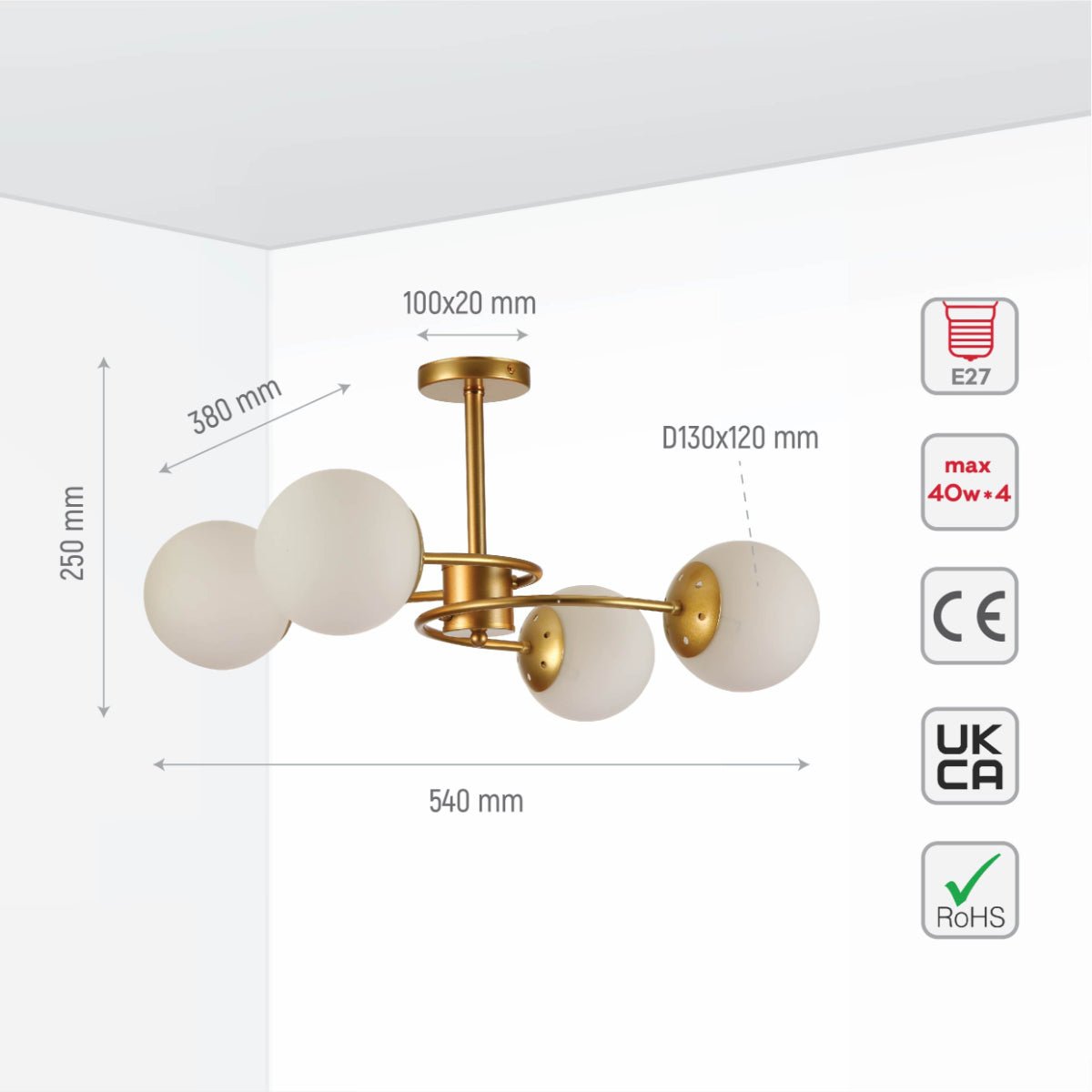 Size and specs of Gold Crescent Body Opal Globe Ceiling Light with E27 Fittings | TEKLED 159-17668