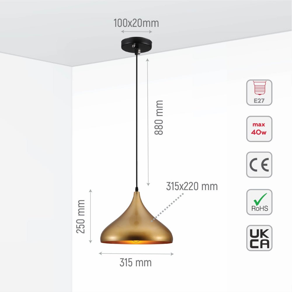 Size and specs of Gold Dome Metal Pendant Light E27 | TEKLED 159-17748