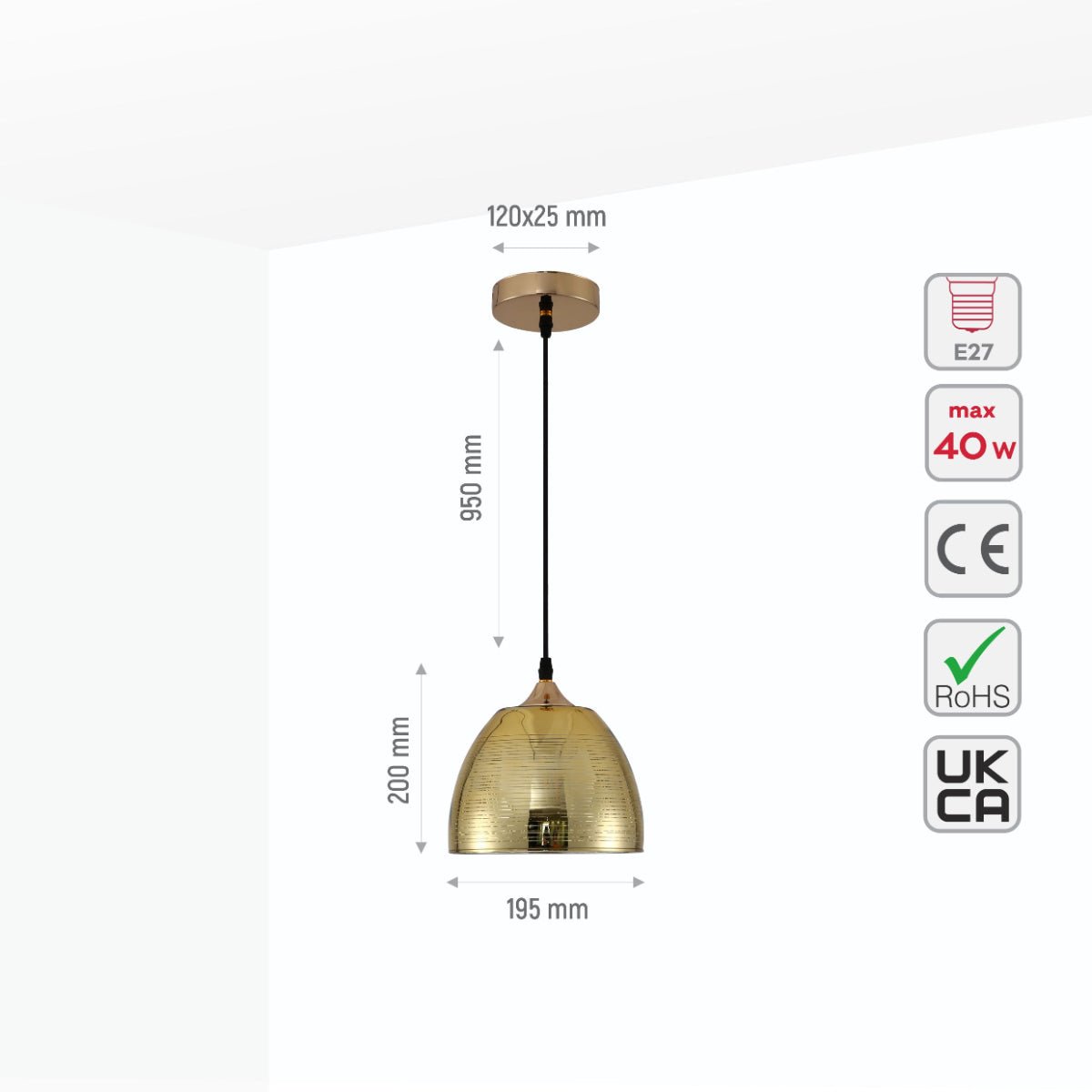 Size and specs of Gold Glass Dome Pendant Ceiling Light with E27 Fitting | TEKLED 150-18013