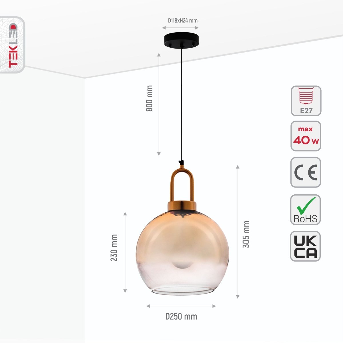 Size and specs of Gold Gradient Glass Globe Pendant Light with E27 Fitting | TEKLED 150-18334