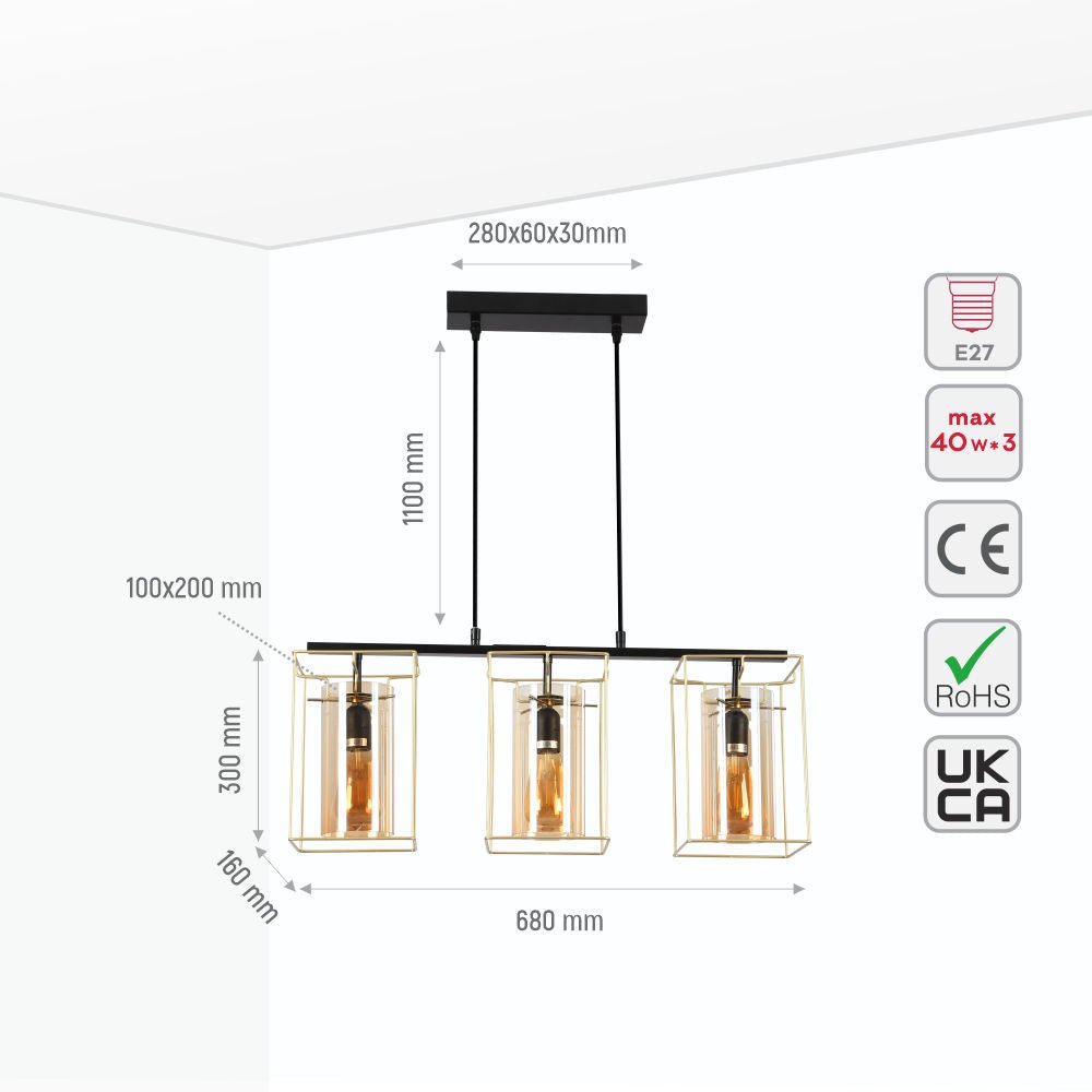 Size and specs of Gold Metal Cage Amber Cylinder Glass Kitchen Island Chandelier Ceiling Light with E27 Fitting | TEKLED 150-18312