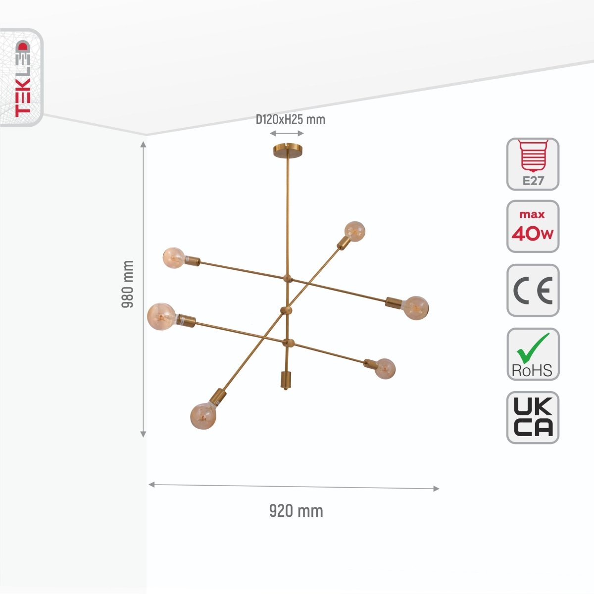 Size and specs of Gold Rod Modern Pendant Tiered Chandelier Light with 6xE27 Fittings | TEKLED 159-17574