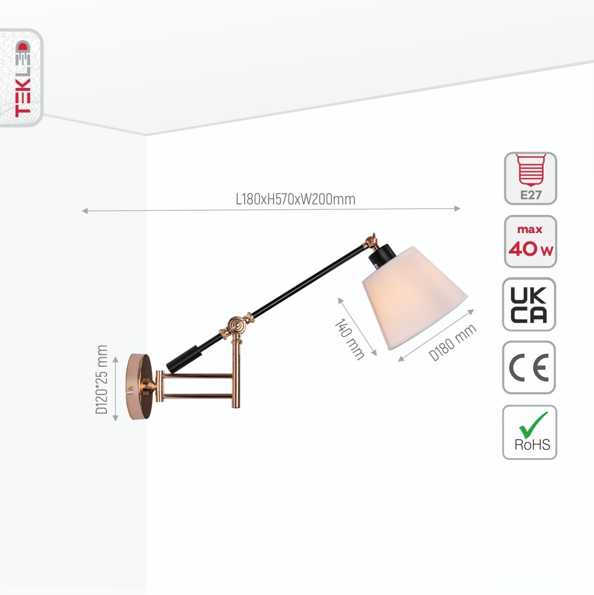 Size and specs of Golden Black Metal Swing Arm Hinged White Frustum Wall Light with E27 Fitting | TEKLED 151-19634