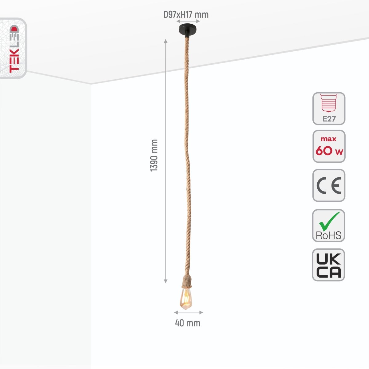 Size and tech specs of Hemp Rope Pendat Light 150cm