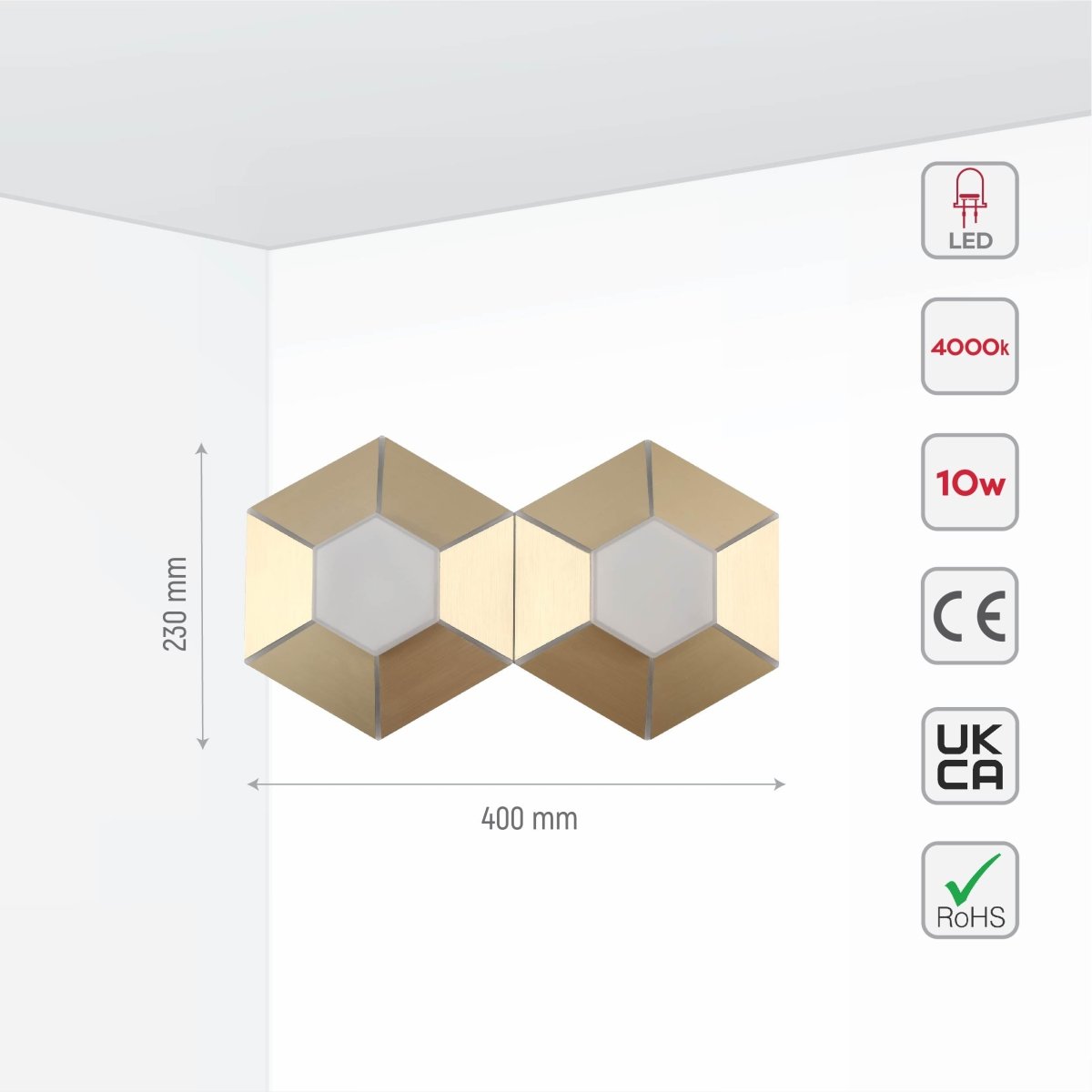 Size and specs of Honeycomb Gold Opal Contemporary Modern Triple Wall Light 17W 4000K Natural Cool White | TEKLED 158-19822