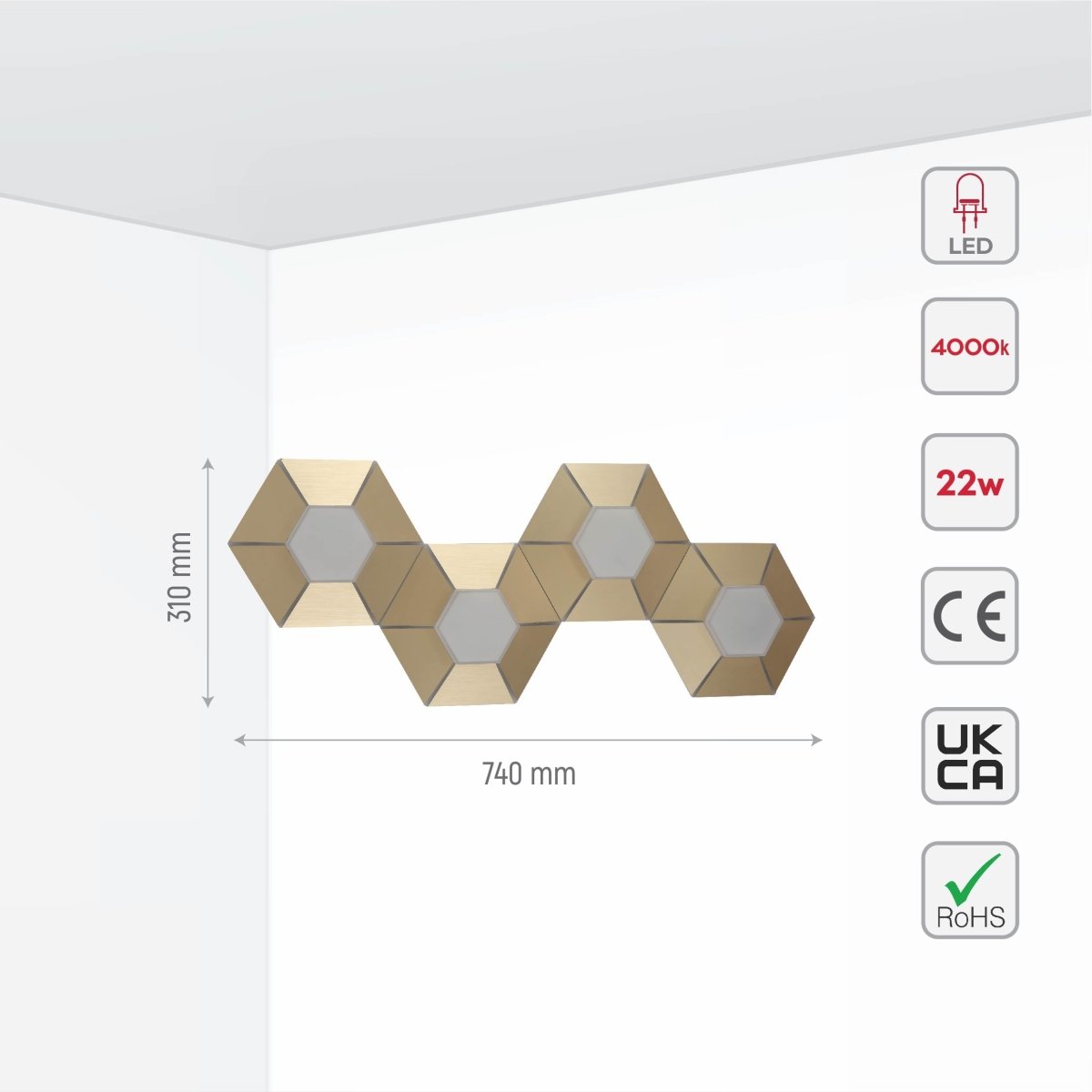 Size and specs of Honeycomb Gold Opal Contemporary Modern Triple Wall Light 17W 4000K Natural Cool White | TEKLED 158-19824