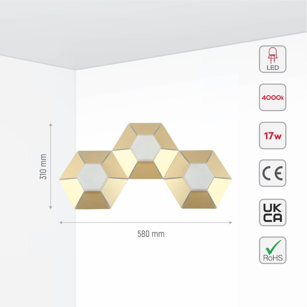 Size and specs of Honeycomb Gold Opal Contemporary Modern Triple Wall Light 17W 4000K Natural Cool White | TEKLED 158-19820