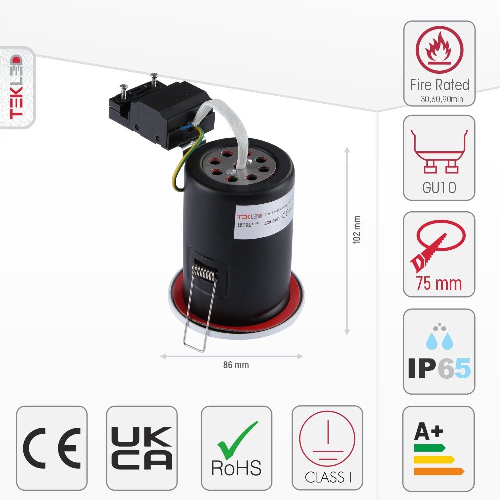 Size and specs of IP65 Fixed Diecasting Fire Rated Downlight White | TEKLED 143-03706