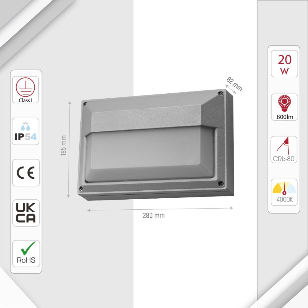 Size and specs of LED Diecast Aluminium Rectangle Half Wall Lamp 20W Cool White 4000K IP54 Grey | TEKLED 182-03359