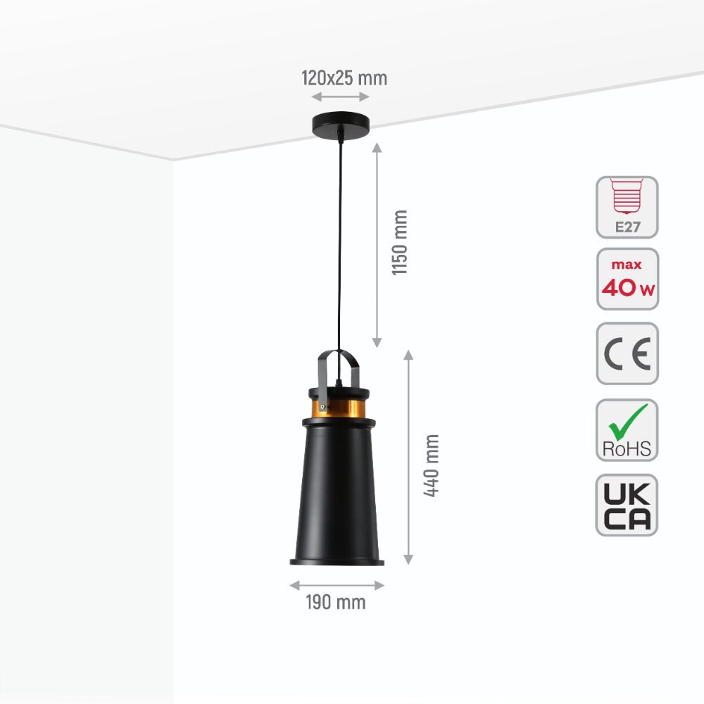 Size and specs of Loft Cafe Bar Counter Exhibition Hall Pub Aisle Indoor Black Funnel Handled Black Gold Metal Pendant Ceiling Light E27 | TEKLED 150-17814