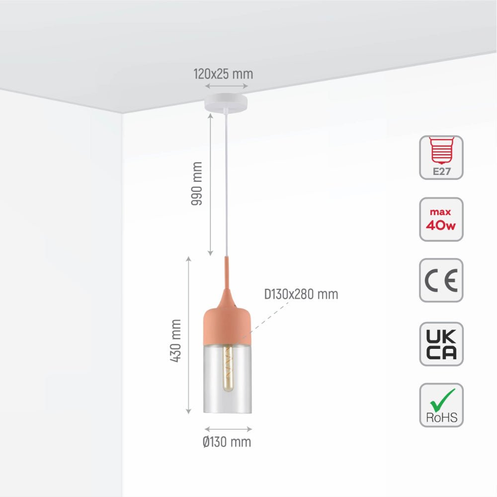 Size and specs of Macaron Salmon Pink Cylinder Glass Pendant Ceiling Light with E27 Fitting | TEKLED 158-19728