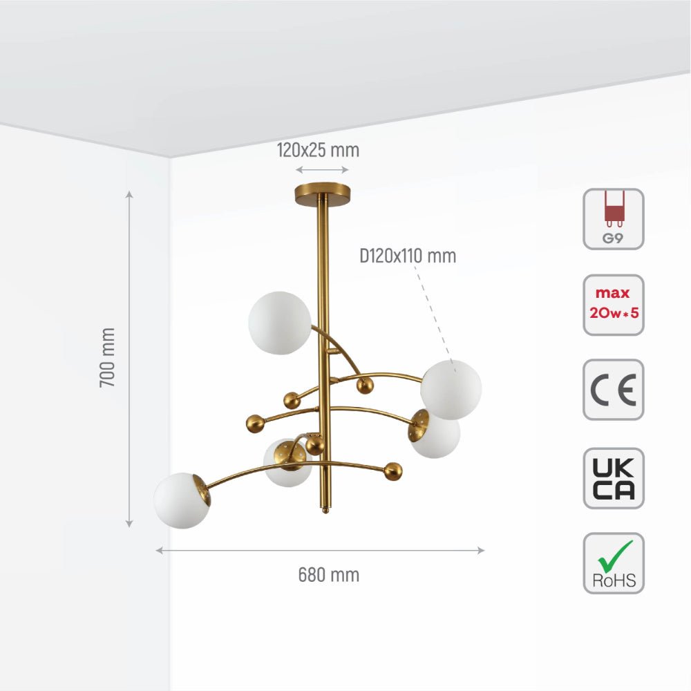 Size and specs of Mace Opal Globe Glasses Gold Metal Sputnik Chandelier Ceiling Light with 5xG9 Fittings  | TEKLED 158-19712