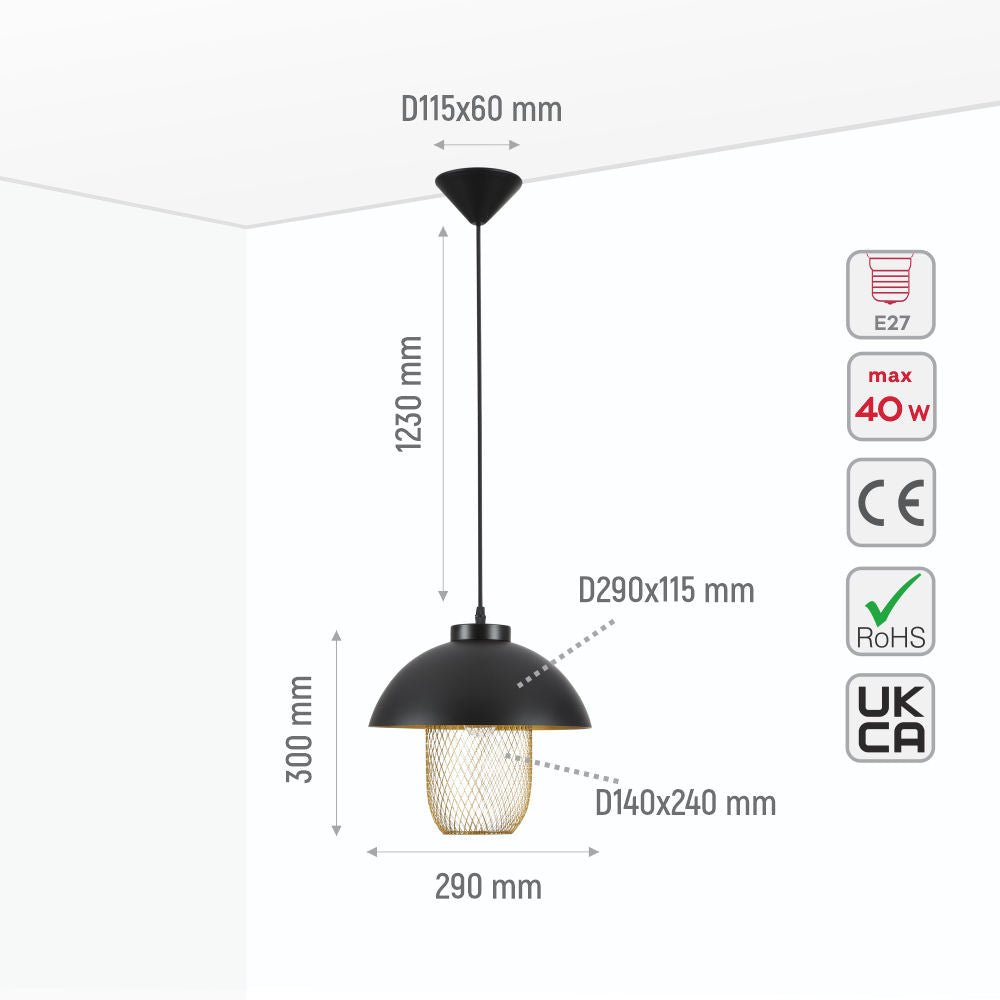 Size and specs of Matte Gold Caged Shade with Black Dome Top Pendat Ceiling Light D290 with E27 Fitting | TEKLED 150-18304