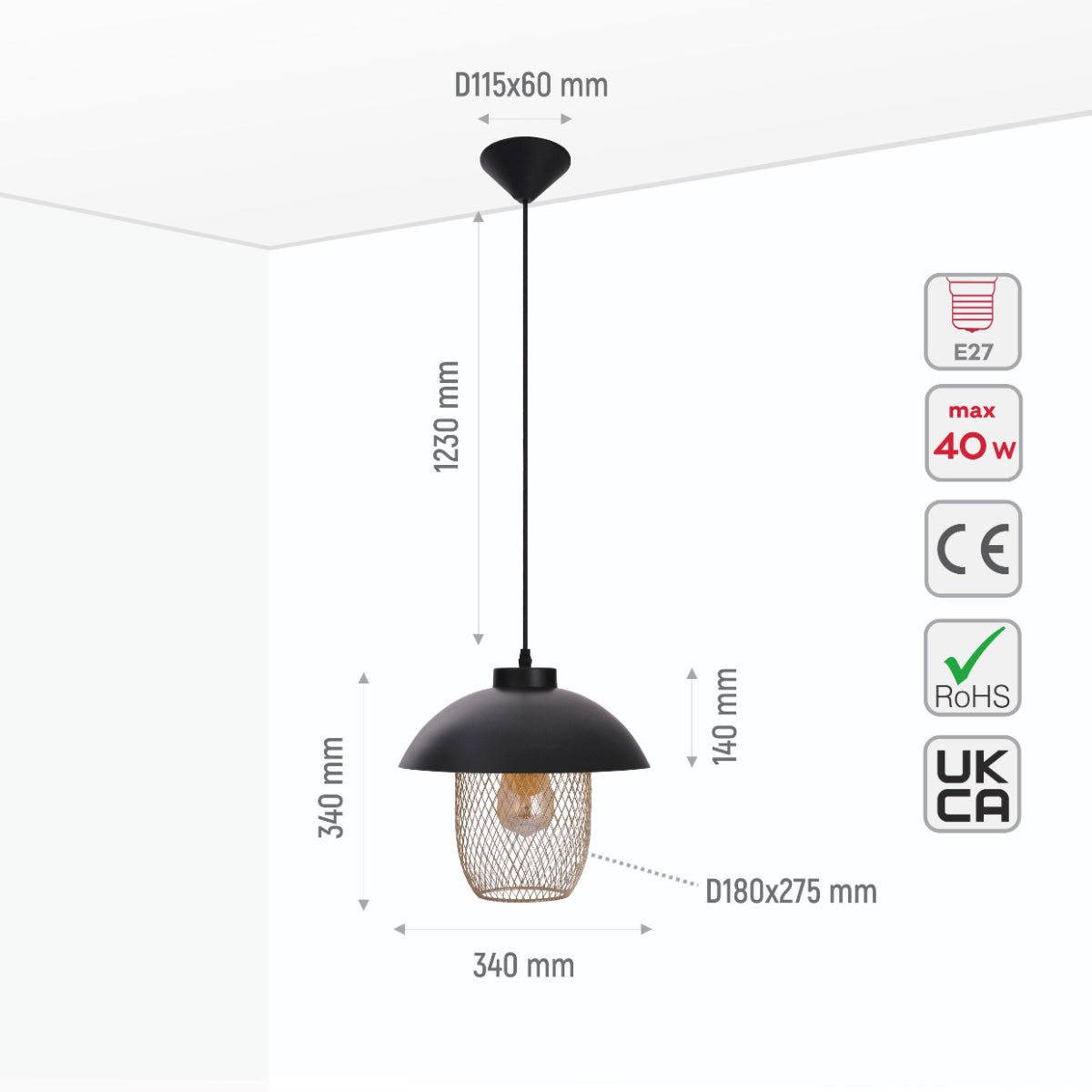 Size and specs of Matte Gold Caged Shade with Black Dome Top Pendat Ceiling Light D340 with E27 Fitting | TEKLED 150-18306