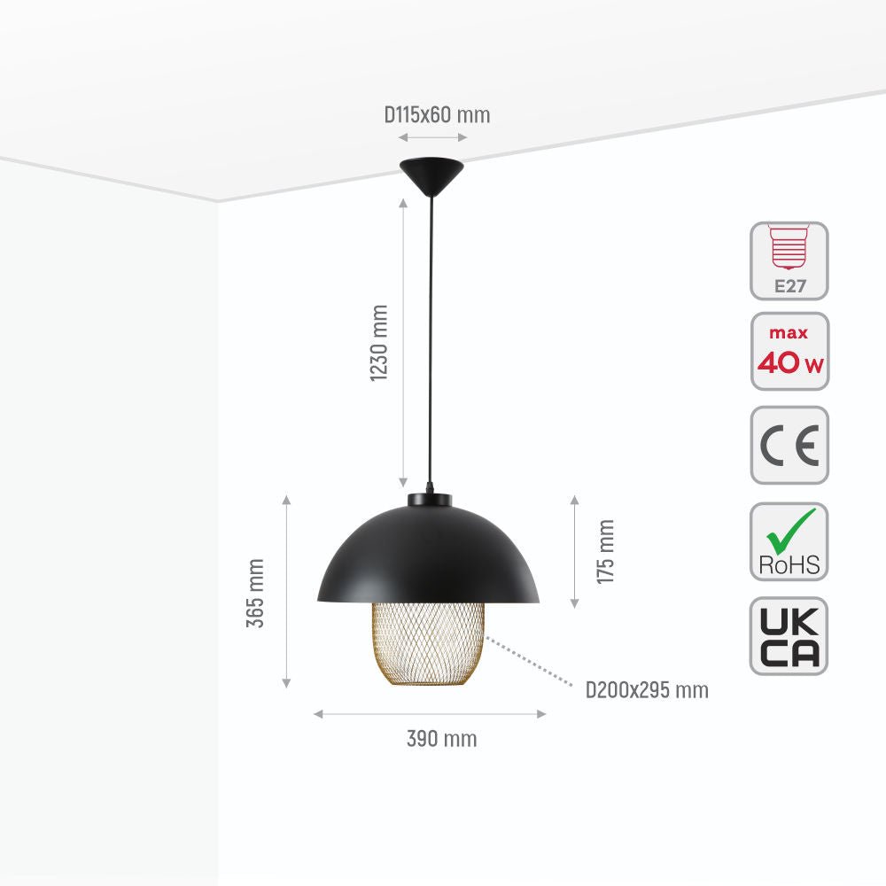 Size and specs of Matte Gold Caged Shade with Black Dome Top Pendat Ceiling Light D390 with E27 Fitting | TEKLED 150-18308