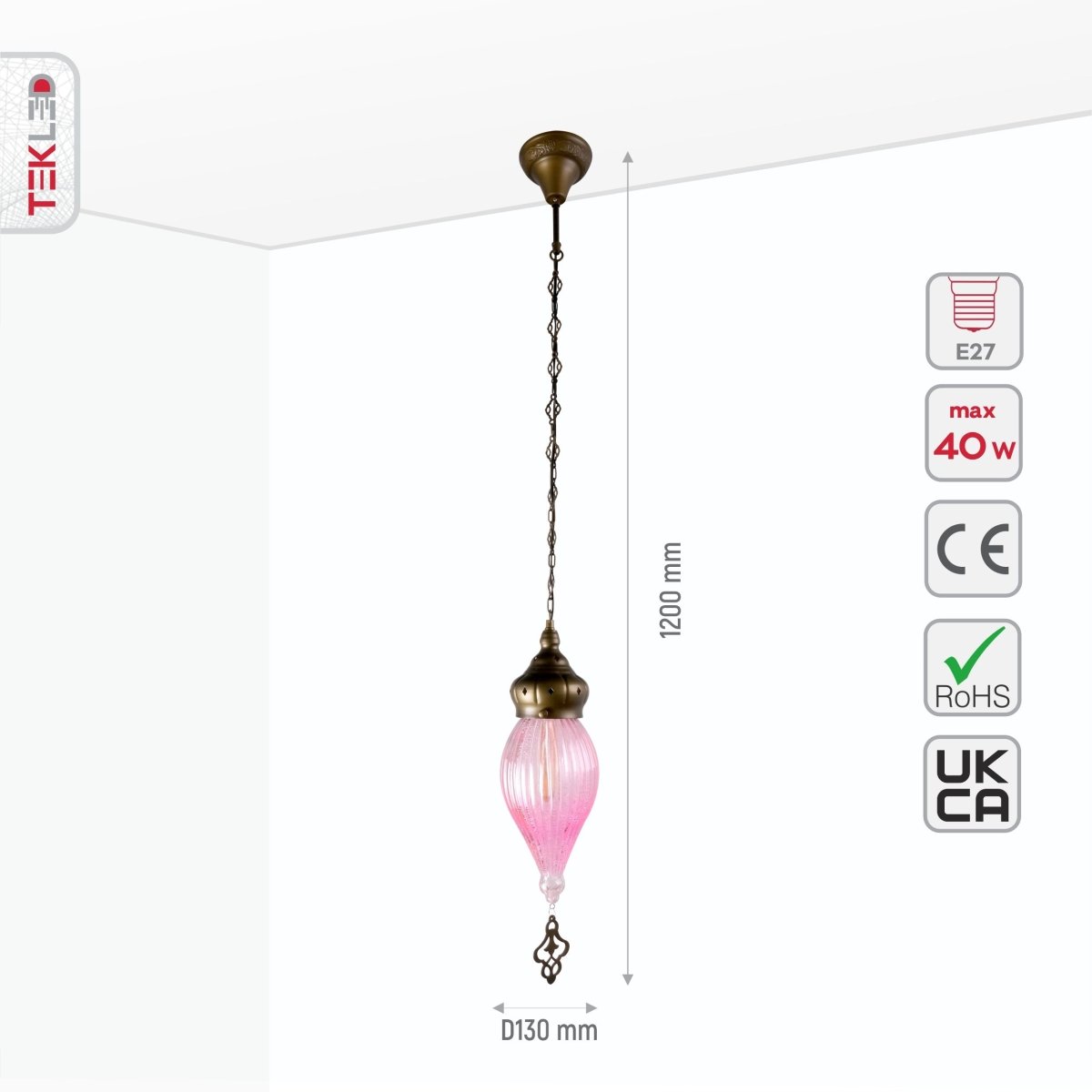 Size and specs of Moroccan Style Antique Brass and Pink Glass Pendant Light E27 | TEKLED 158-195584