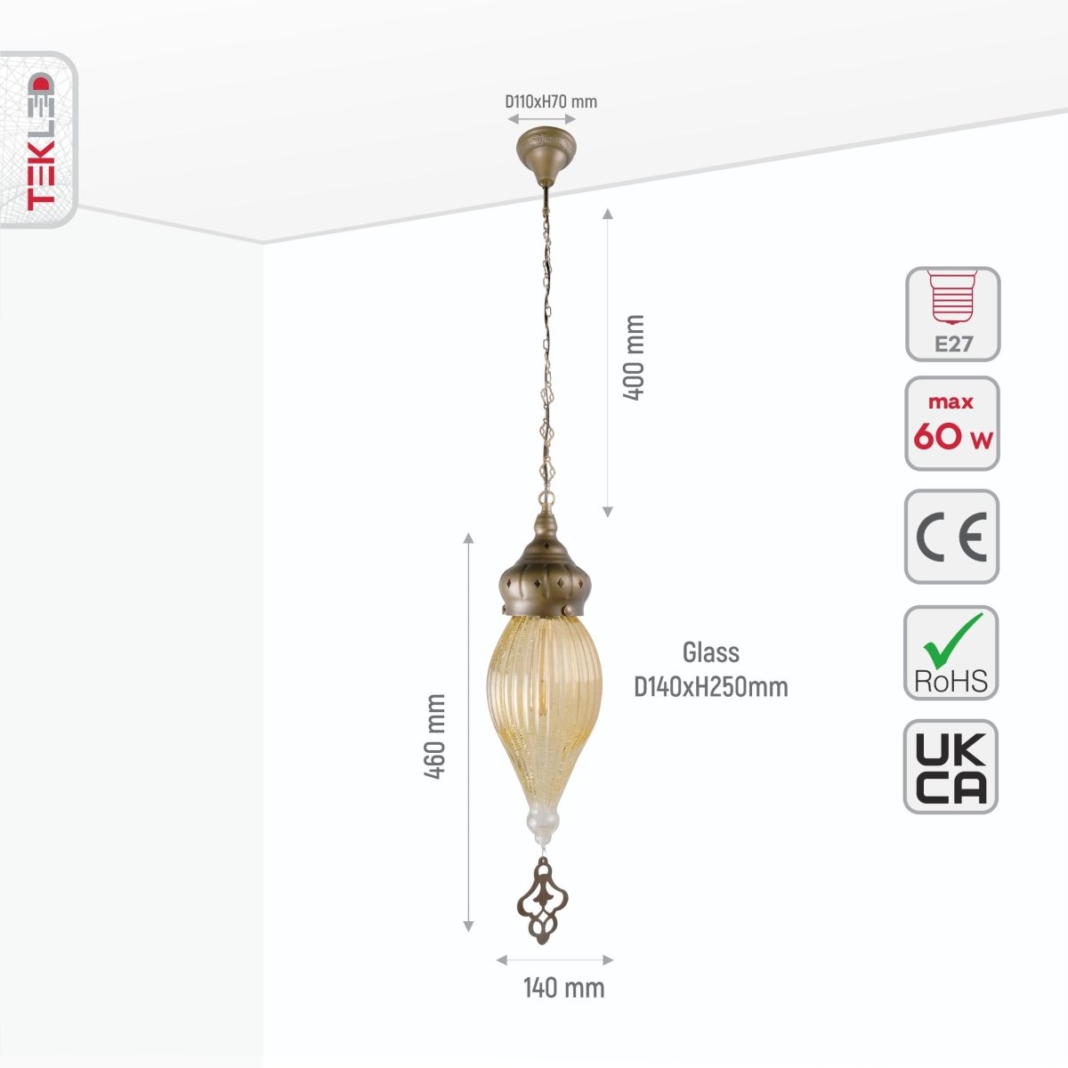 Size and specs of Moroccan Style Antique Brass and Yellow Glass Pendant Light E27 | TEKLED 158-195582