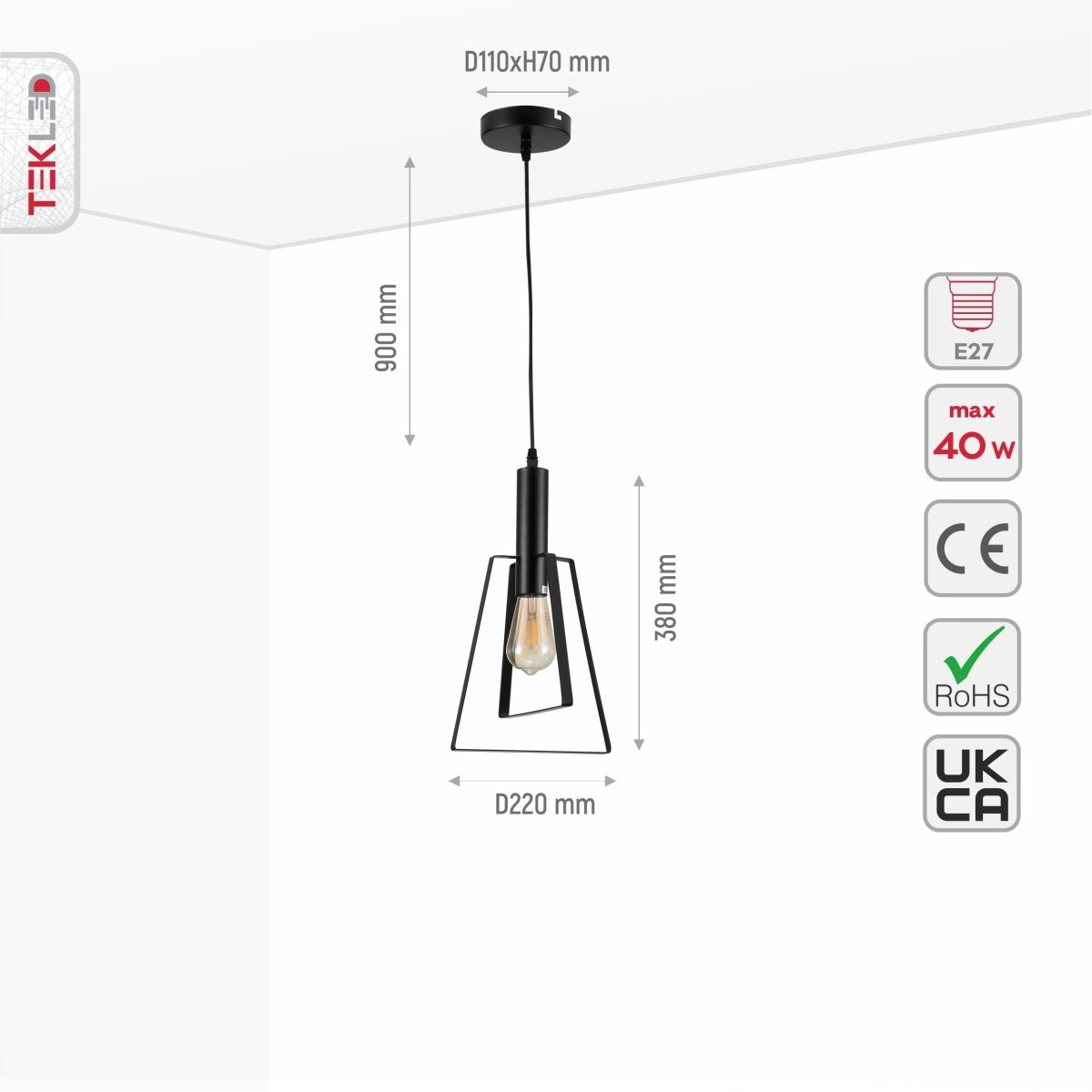 Size and specs of Nordic Black Cage Pendant Light with E27 Fitting | TEKLED 159-17500