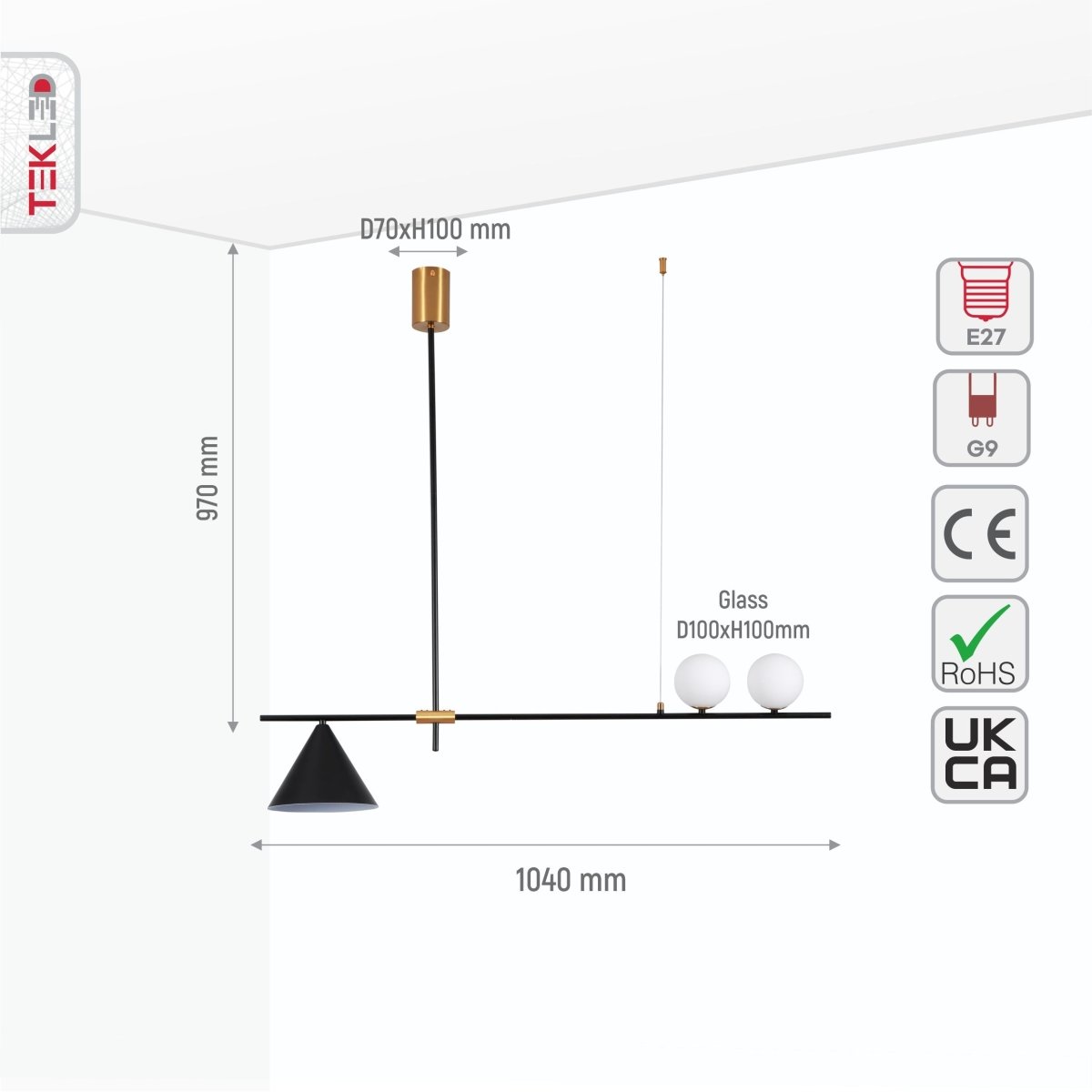 Size and specs of Nordic Modern Island Chandelier with 2xG9 and E27 Fittings Black Gold and White Finish | TEKLED 159-17492