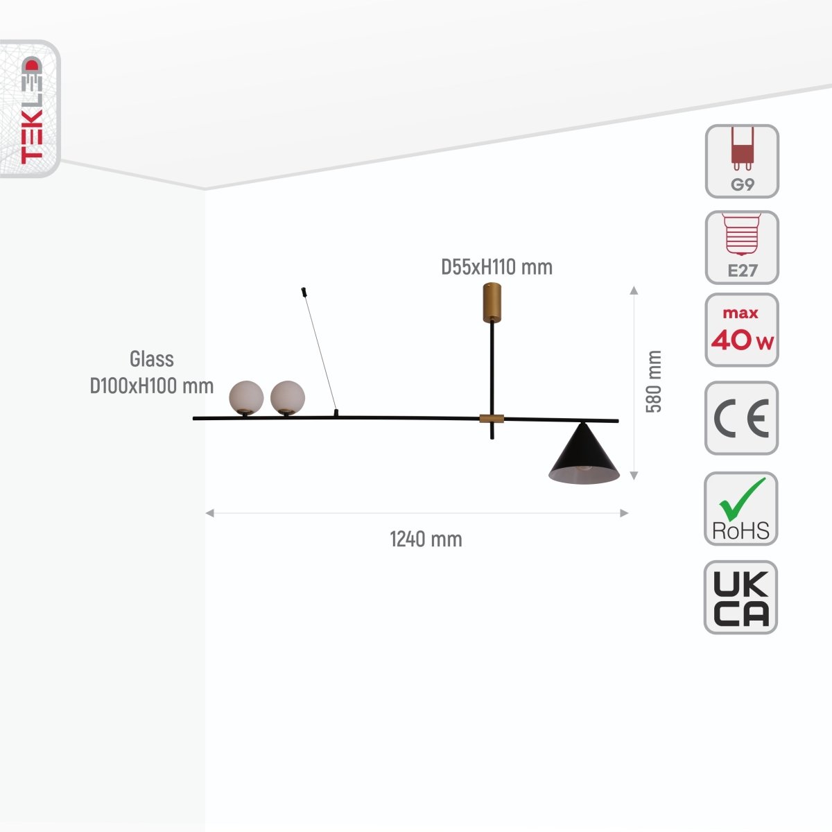 Size and specs of Nordic White Globe Glass and Black Funnel Pendant Chandelier Light with 2xG9 and E27 Fitting | TEKLED 159-17564