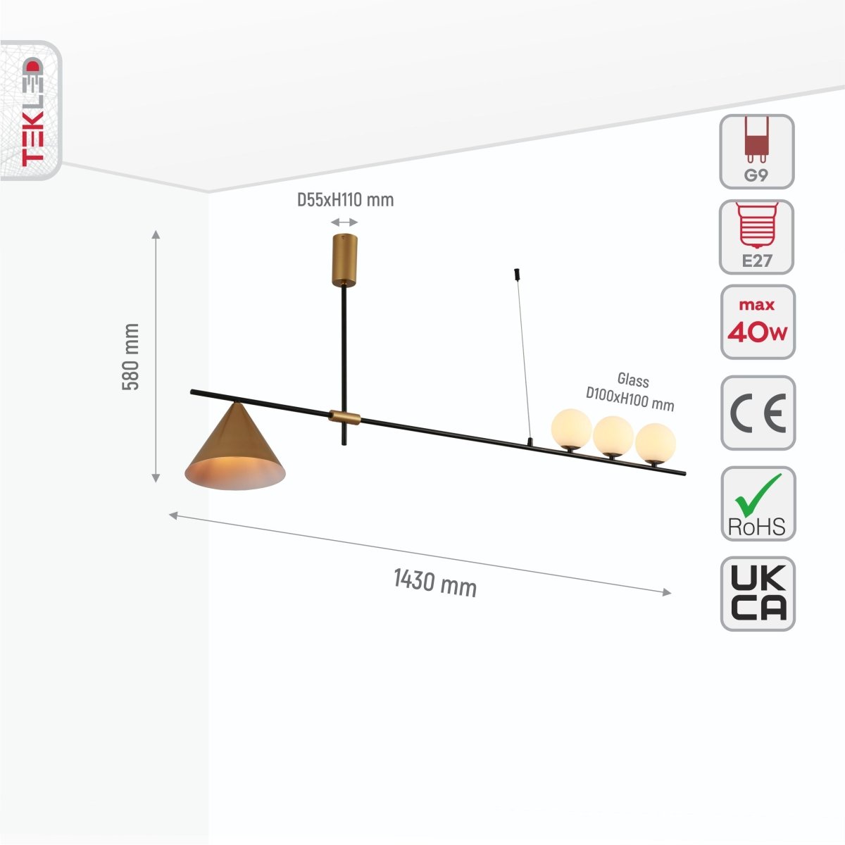 Size and specs of Nordic White Globe Glass and Gold Funnel Pendant Chandelier Light with 3xG9 and E27 Fitting | TEKLED 159-17562