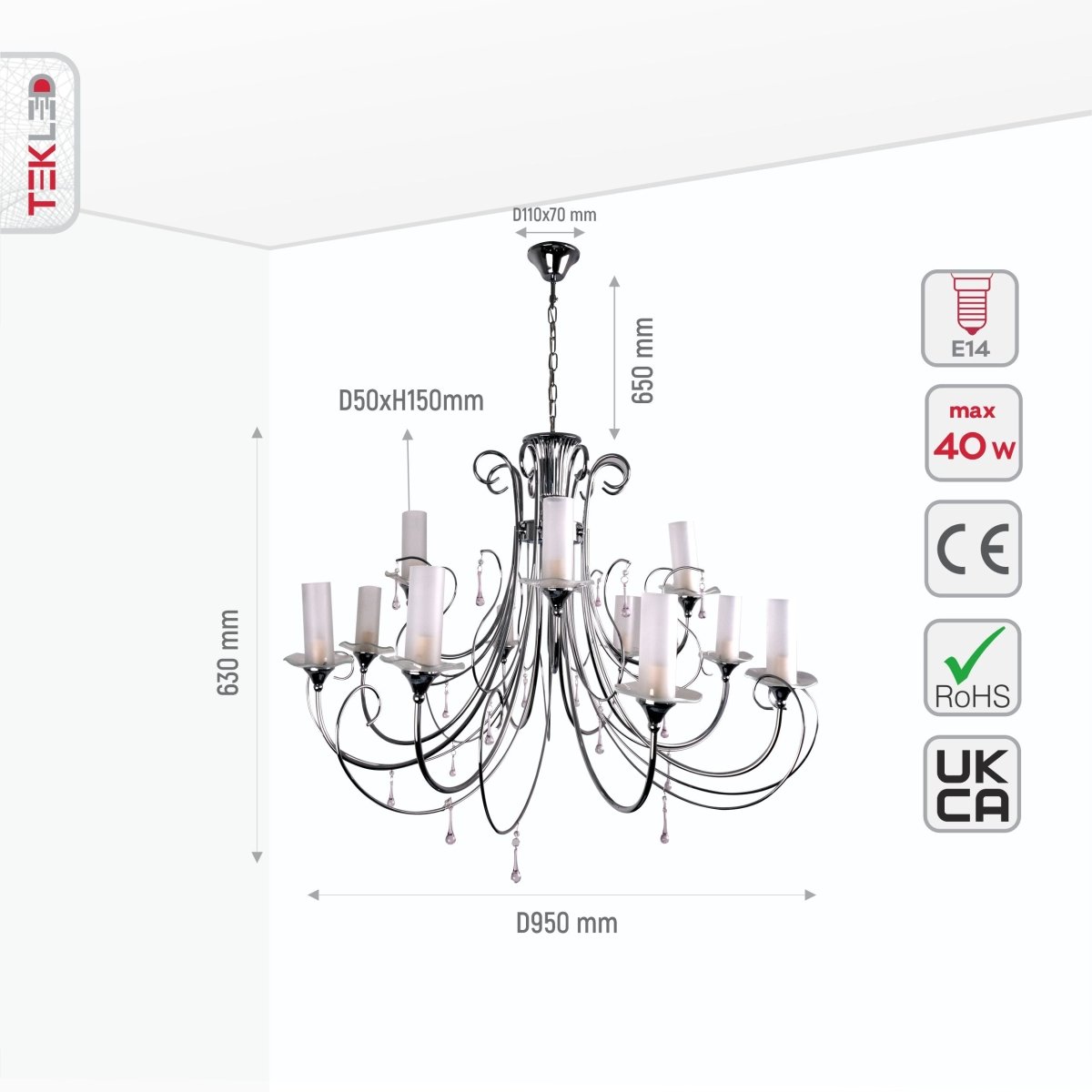 Size and specs of Opal Cylinder Glass Chrome Metal 12 Arm Chandelier with 12xE14 Fitting | TEKLED 158-17820