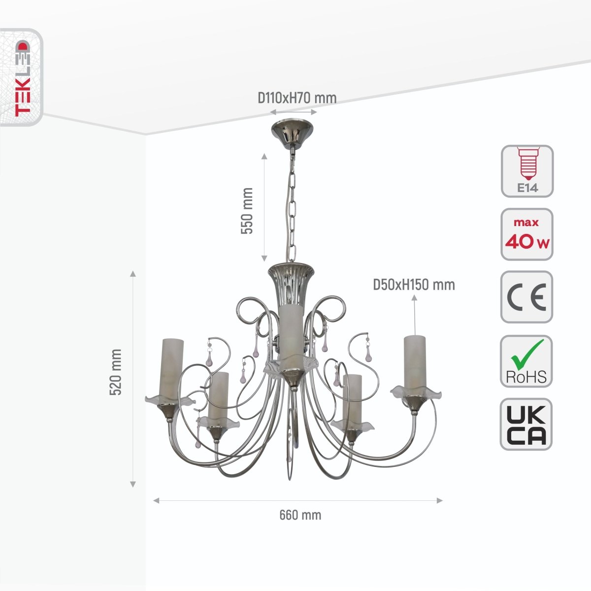 Size and specs of Opal Cylinder Glass Chrome Metal 5 Arm Chandelier with 5xE14 Fitting | TEKLED 158-17816