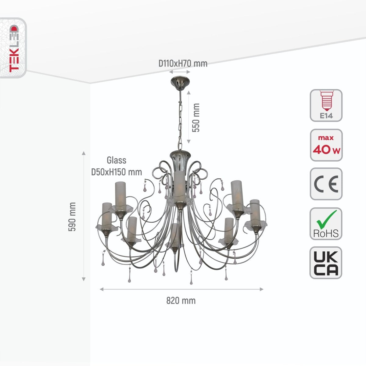 Size and specs of Opal Cylinder Glass Chrome Metal 8 Arm Chandelier with 8xE14 Fitting | TEKLED 158-17818