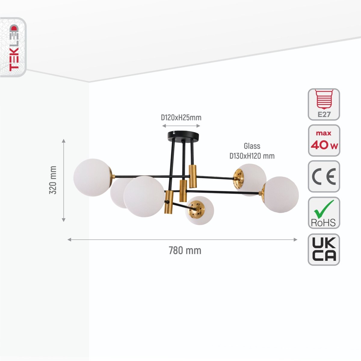 Size and specs of Opal Glass Globe Gold and Black Metal Semi Flush Ceiling Light with 6xE27 Fitting | TEKLED 159-17436