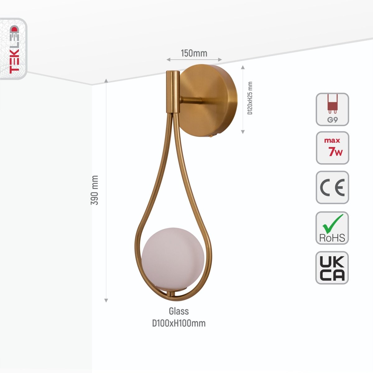 Size and specs of Opal Glass Gold Metal Globe Wall Light with G9 Fitting | TEKLED 151-19740