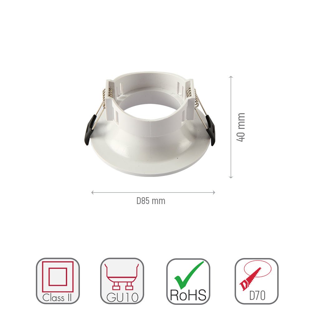 Size and specs of Round Anti Glare Polycarbonate Recessed Downlight GU10 White or Black | TEKLED 164-03005