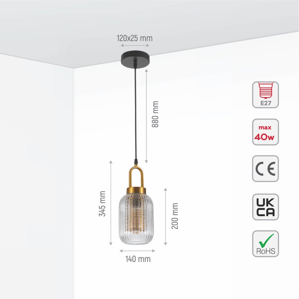 Size and specs of Sawyer Ribbed Fluted Reeded Maloto Lantern Clear Glass Pendant Ceiling Light E27 Gold Handled  | TEKLED 150-18700