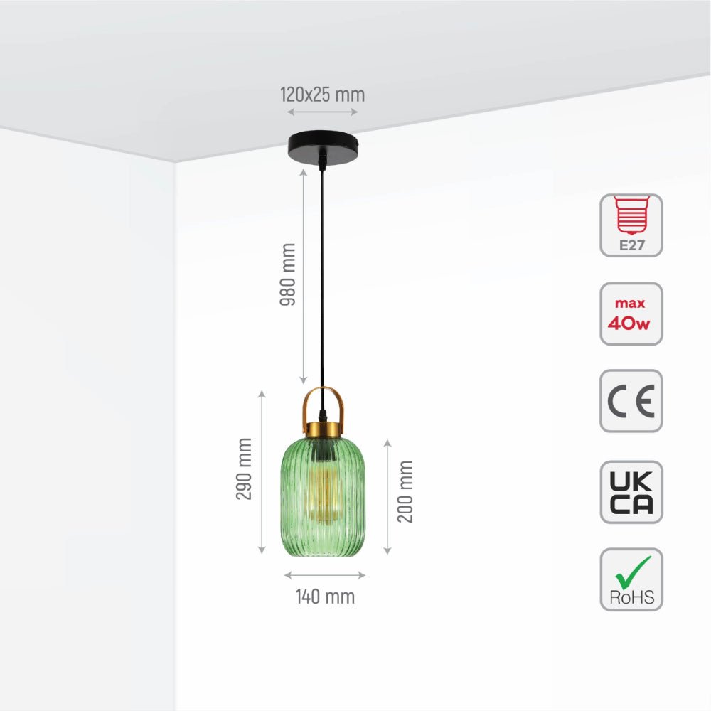 Size and specs of Sawyer Ribbed Fluted Reeded Maloto Lantern Green Glass Pendant Ceiling Light E27 Gold Handled  | TEKLED 150-18704