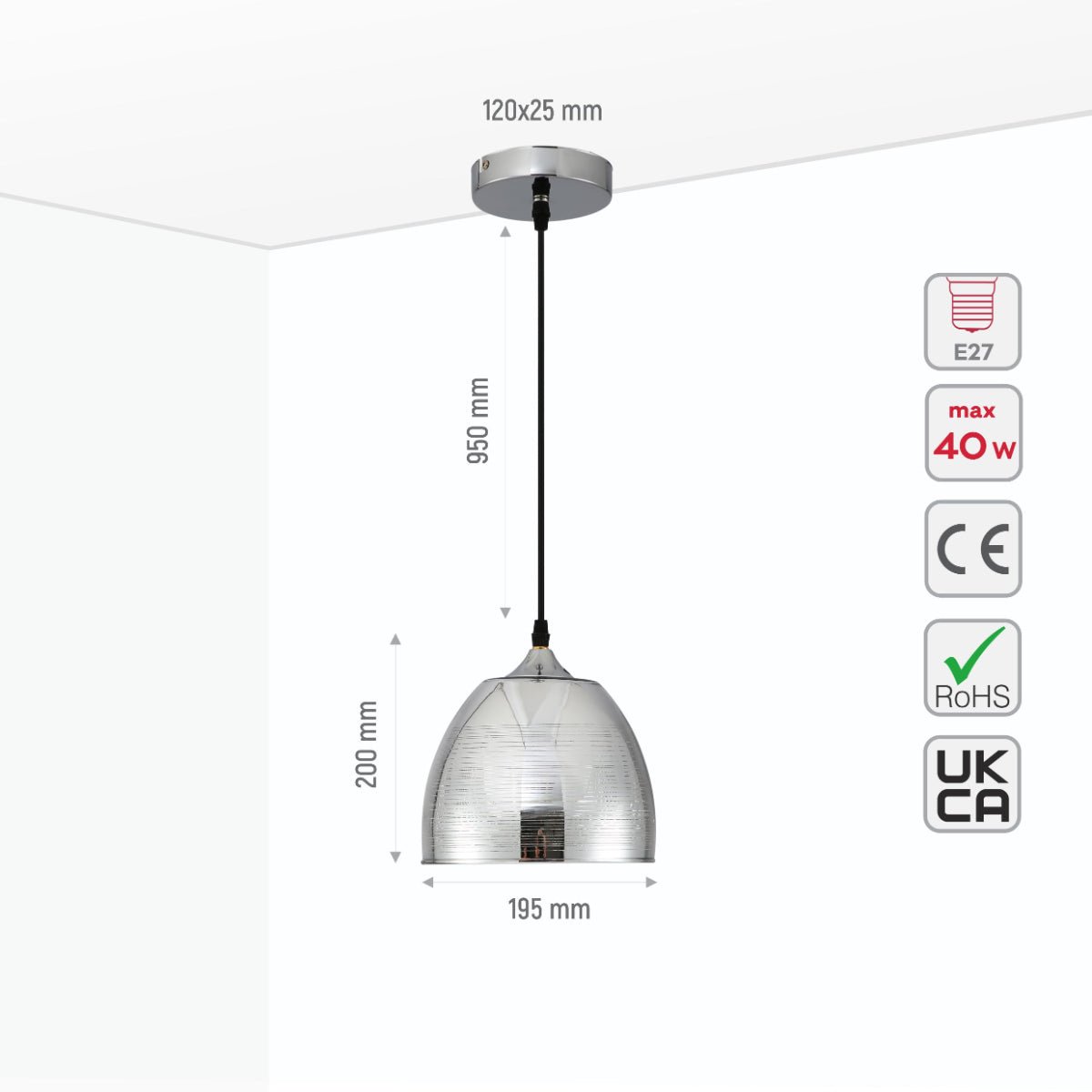 Size and specs of Silver Grey Glass Dome Pendant Ceiling Light with E27 Fitting | TEKLED 150-18012