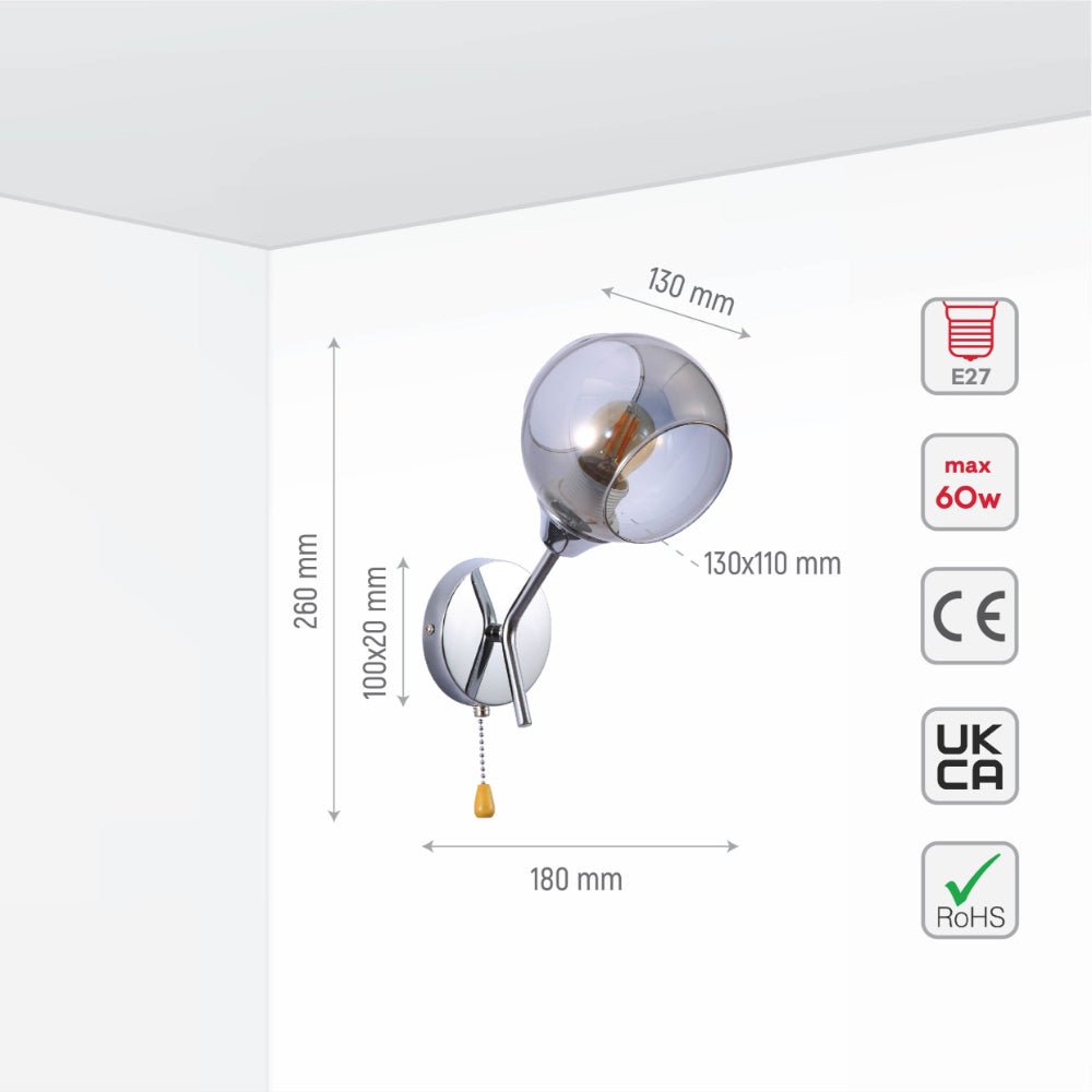 Size and specs of Smoky Barrel Glass Chrome Metal Body Sputnik Modern Wall Light with Pull Down Switch E27 Fitting | TEKLED 151-19794