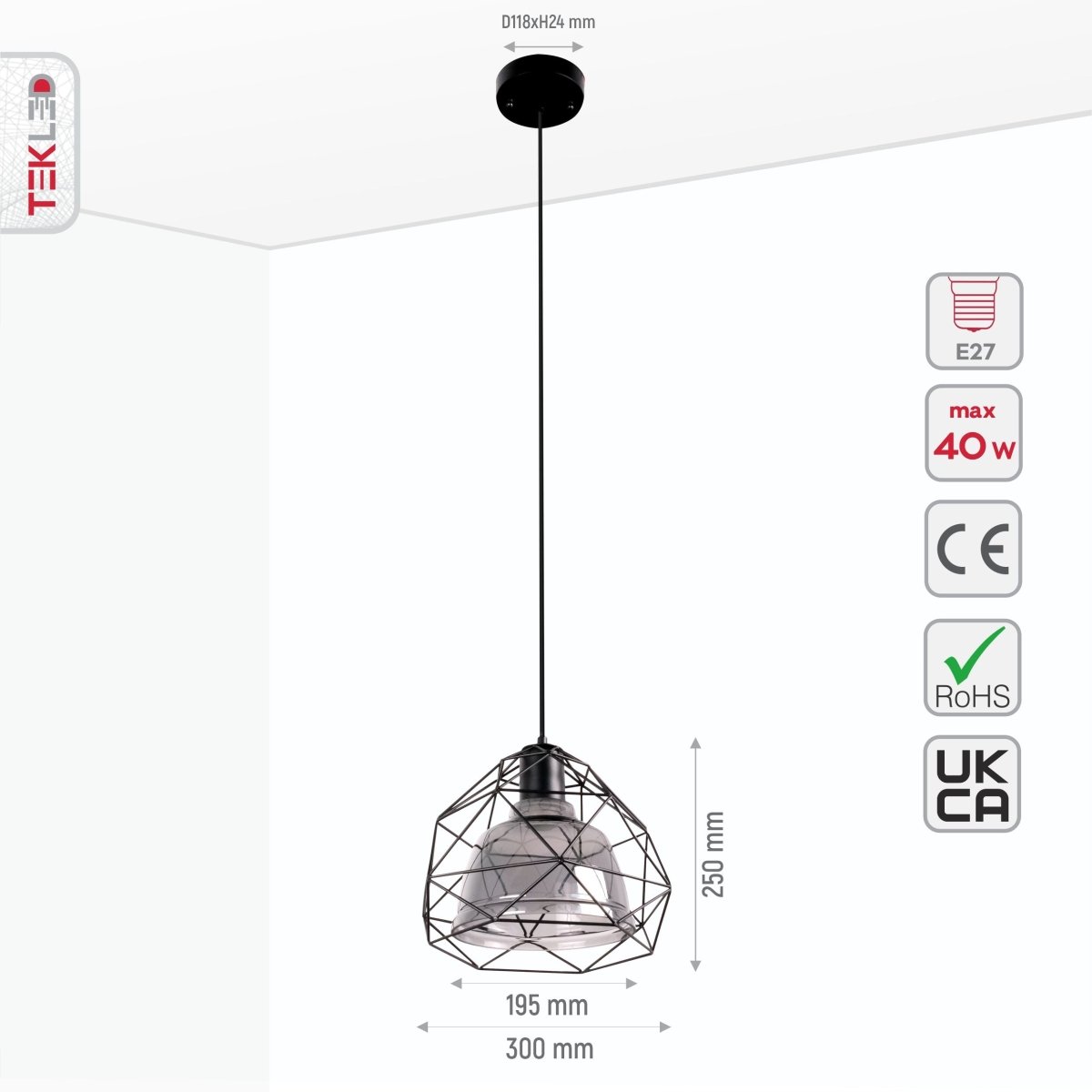 Size and specs of Smoky Glass Dome Black Metal Cage Pendant Light with E27 Fitting | TEKLED 156-19480