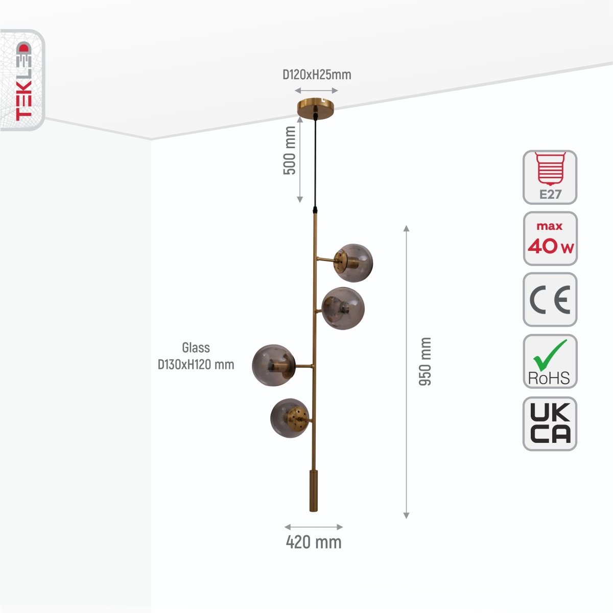 Size and specs of Smoky Globe Glass Gold Metal Body Upward Pendant Light with 4xE27 Fitting | TEKLED 159-17534