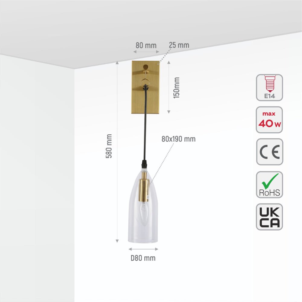 Size and specs of Snowdrop Clear Glass Gold Metal Pendant Wall Light with E14 Fitting | TEKLED 151-19734