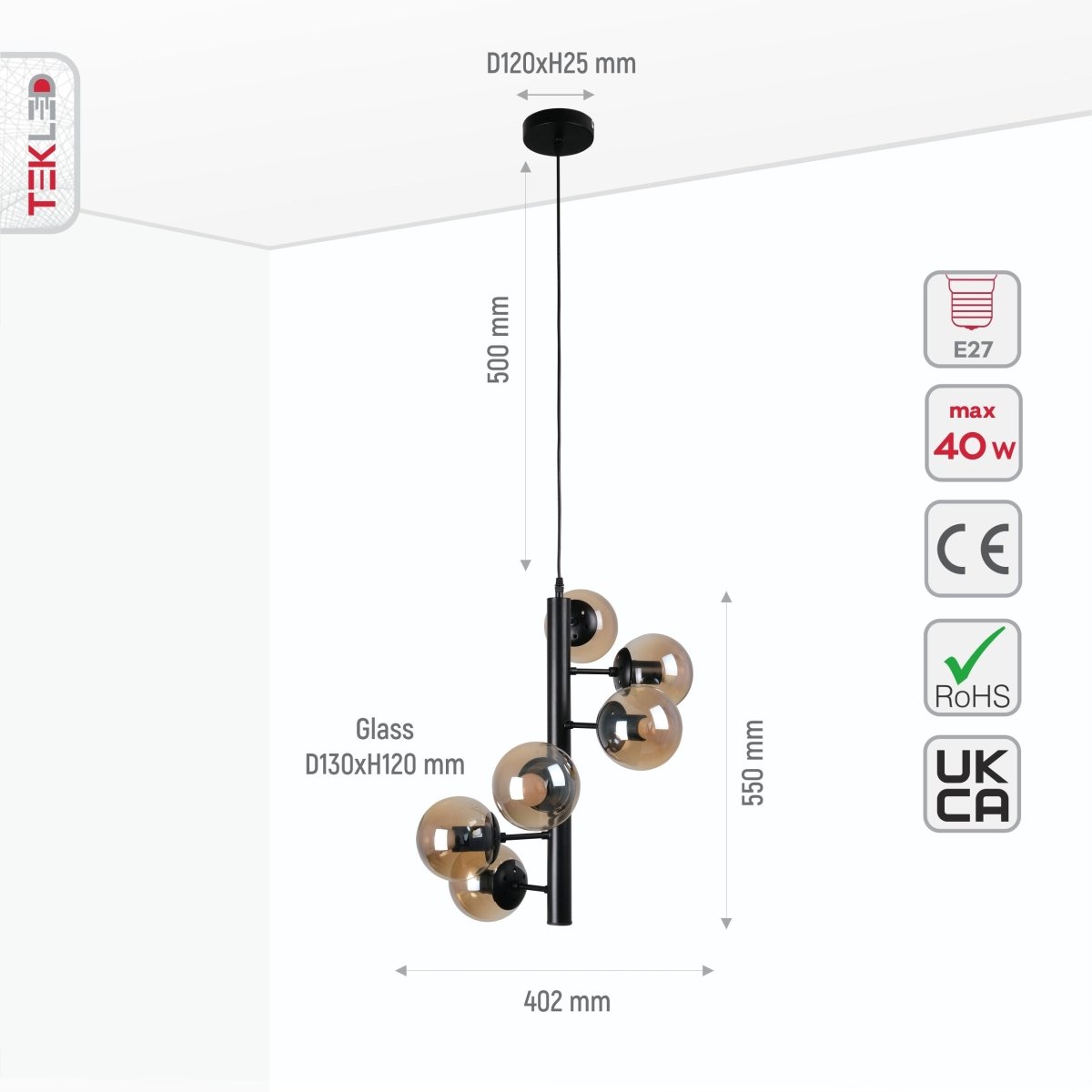 Size and specs of Spiral Amber Globe Glass Black Metal Body Modern Chandelier with 6xE27 Fittings | TEKLED 159-17402