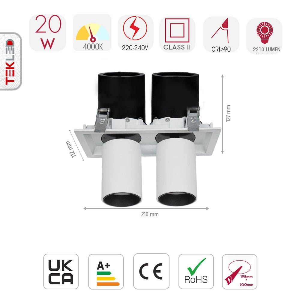 Size and specs of Telescopic Swivel Adjustable In-Out LED Downlight 2X10W Cool White 4000K White | TEKLED 165-03942