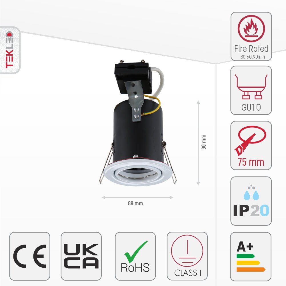 Size and specs of Tilt Pressed Steel Fire Rated Downlight White IP20 GU10 | TEKLED 143-03718