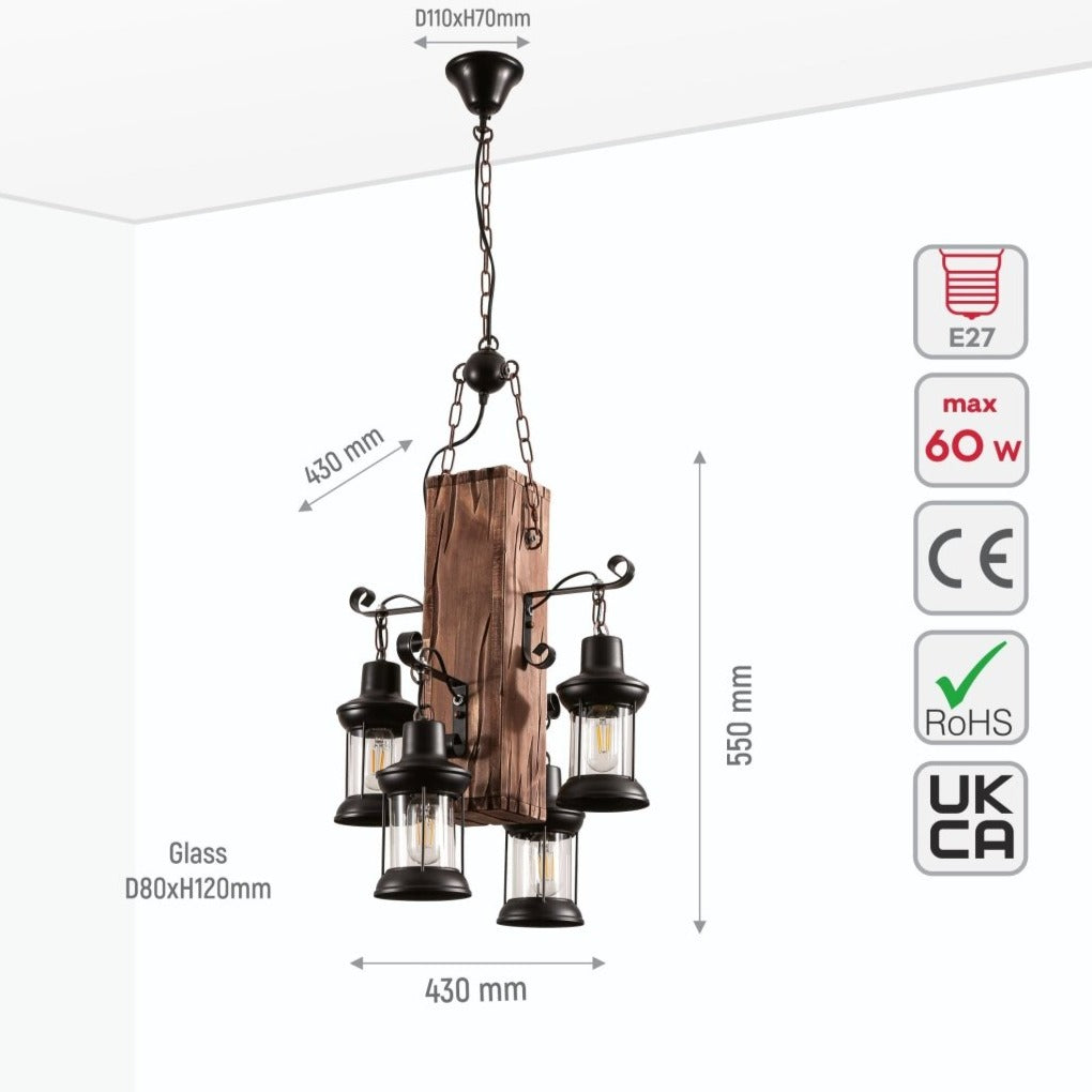 Size and specs of Timber Iron and Wood Glass Cylinder Chandelier Light 4xE27 | TEKLED 159-17844